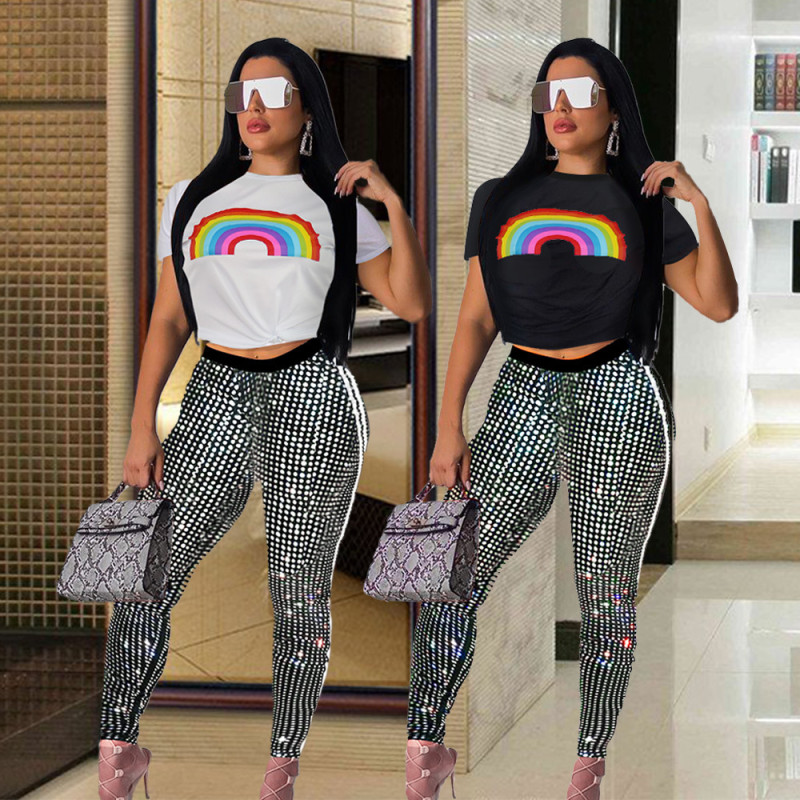 Rainbow Print T-Shirt Sequins Pants Women Hot Outfits MA6214