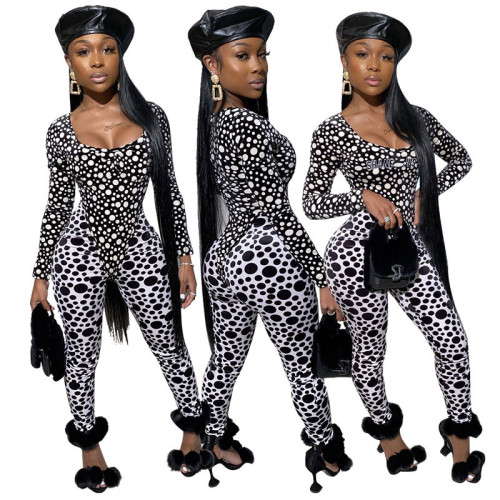 Autumn and winter women's suit polka dot printed jumpsuit two-piece casual MYF9562