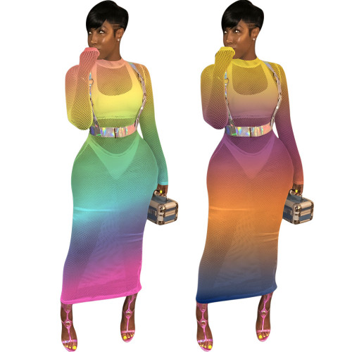 Mesh Women Gradient Color See Through Club Dress QQM3710