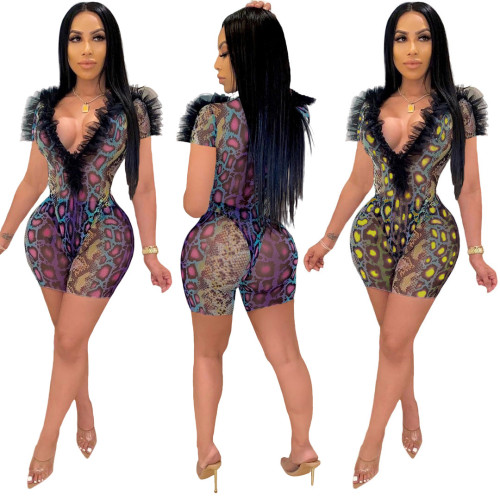 Deep V-neck mesh stitching snakeskin sexy two-piece suit LM8131