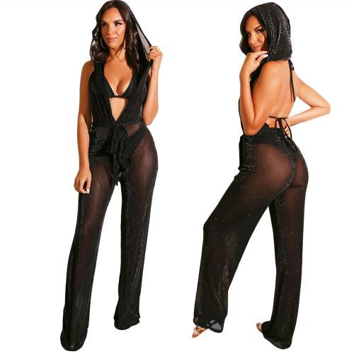 Sexy Backless Shiny Deep V Neck Hooded Jumpsuit LS6295