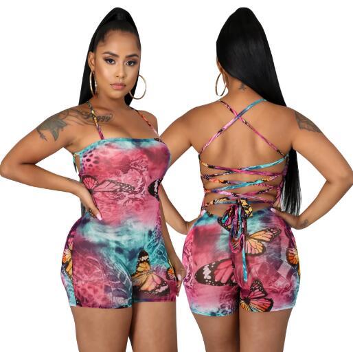 Tie-dye butterfly print suspenders and back strapless jumpsuit YZ1197