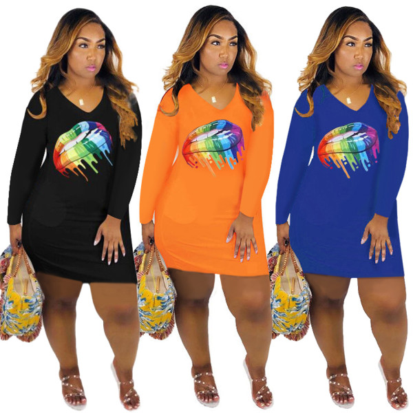 Newest Long Sleeves Lip Printing Dress For Daily Wear SY8377