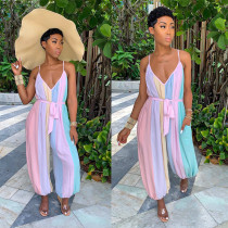 Fashion Loose Multicolor V Neck Strappy Harem Jumpsuit SN3635