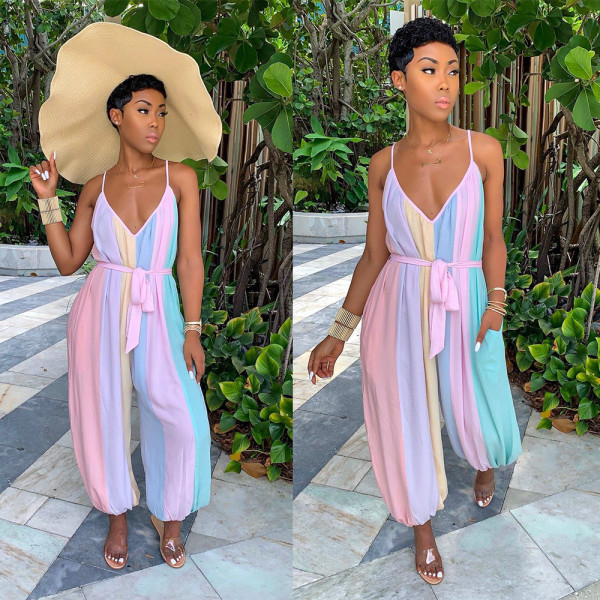 Fashion Loose Multicolor V Neck Strappy Harem Jumpsuit SN3635