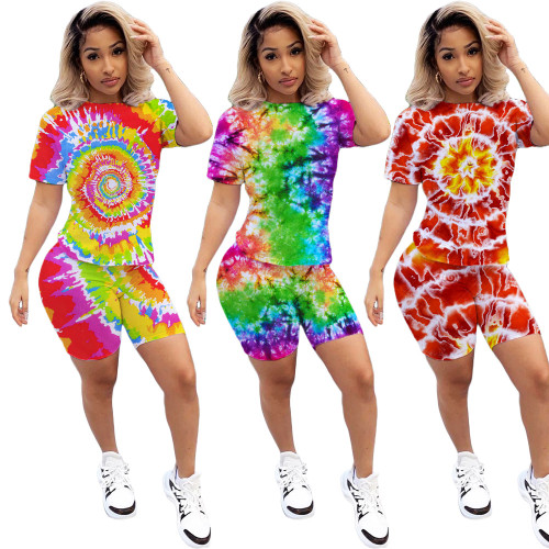 Tie-dye positioning printed short-sleeved T-shirt shorts sports suit LML097