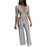 Fashion Stripe V Collar Straight Jumpsuit AB2251