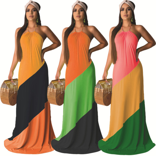 Stylish Color Block Halter Neck Maxi Dress For Daily Wear AMM8166
