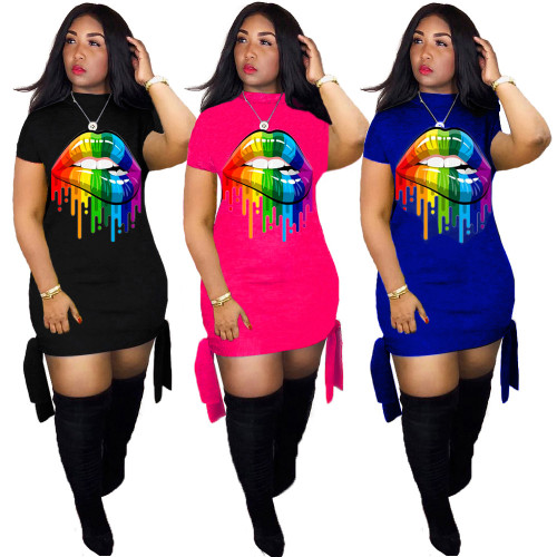 Digital printed colorful lips bandage short sleeve cotton dress LM8136