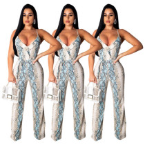 Women Snake Print Condole Belt Wide Leg Jumpsuit SDD9094