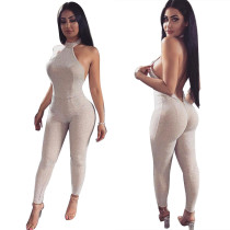 Shiny Backless Zipper Halter Neck Bodycon Jumpsuit LS6246