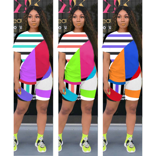 Women's geometric stripes contrast color printing casual 3 color sports two-piece suit ALS190