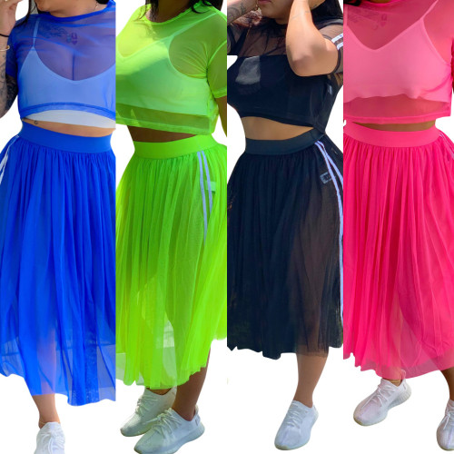 Solid Color Perspective Stretchy Suits Crop Top Mesh Skirt QQM3794
