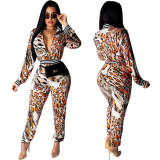 Casual Leopard Print Bodycon Jumpsuit With Zipper OEP5313