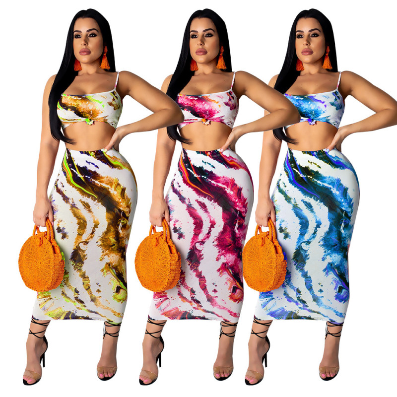Women Condole Belt Tank Top Printing Wrap Skirt QQM3687