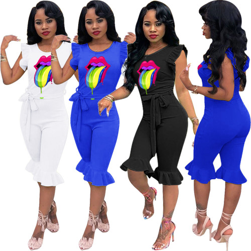 New Arrival Ruffle 3 Colors Lady Midi Jumpsuit With Belt R6222