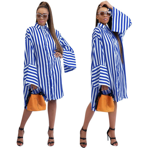 Latest Women Stripe Button Down Blouse Loose Dress MTY6182
