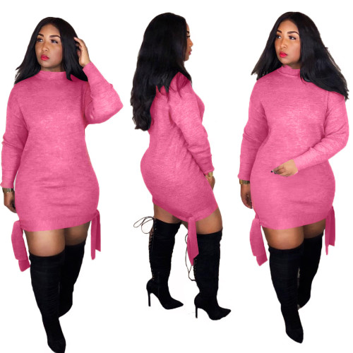 Cheap Solid Color Tied Long Sleeves Hoodie Dress T3335H