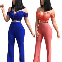 Elegant Ladies Blue/Pink Lace Patchwork Long Jumpsuit W8202