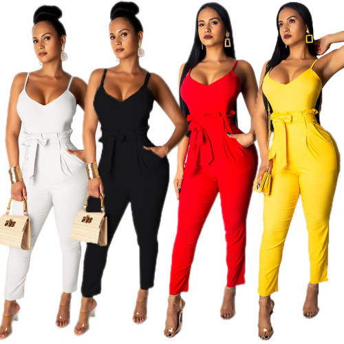 Pure Color Lady Condole Blet Skinny Jumpsuit For Daily Wear MY9366