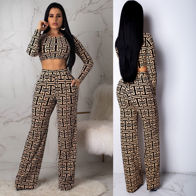 Latest Printing Women Suits Crop Top Wide Leg Pants CY1102