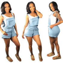 Trendy Ladies Strappy Jeans Ruffle Short Jumpsuit YX9127
