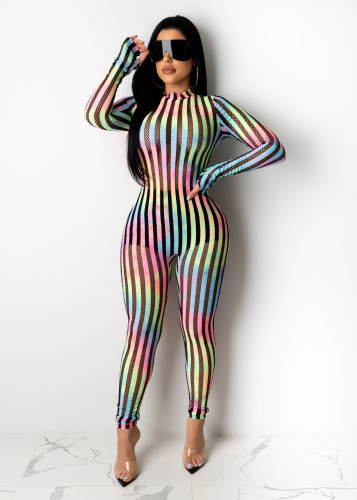 Striped solid color + printed jumpsuit R6265