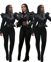 Black Pu Leather Ruffle Sleeves Jackets AA5043