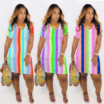 Factory Price Colorful Short Sleeves Striped Blouse Dress QQ5122