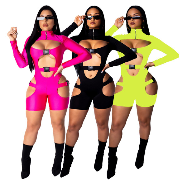 Hollow Out High Neck Bodycon Romper Shorts JH080