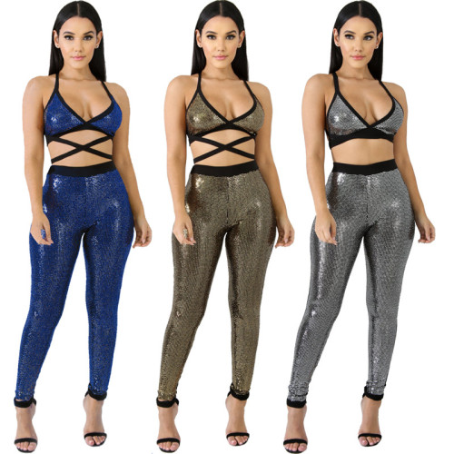 Hanging neck and chest-wrapped trousers sexy nightclub outfit CCY8126