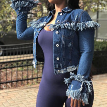 Worn short fringe fringed wind denim coat for women CJ815