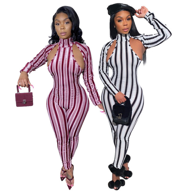 Turtleneck Striped Sexy Jumpsuit MYF9545