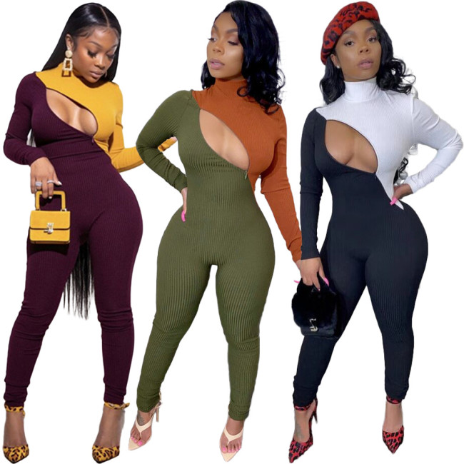 Stylish Zipper Colors Splicing High Neck Ribber Tight Jumpsuit TY1165