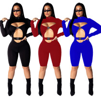 Pure Color Sexy Hollow Out Midi Skinny Romper Jumpsuits QQM3680