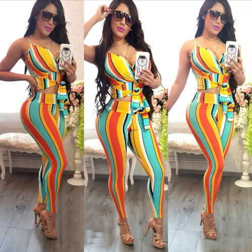 Sexy Strapy Tops Skinny Striped Pants Sets YSH6034