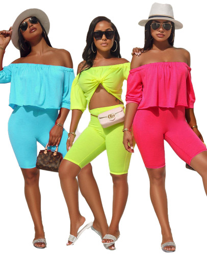 Pure Color Casual Outfits Flat Shoulder Top Bodycon Shorts LY5078