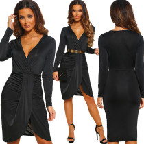 Cheap Pleated V Neck Midi Dress For Women XZ2111