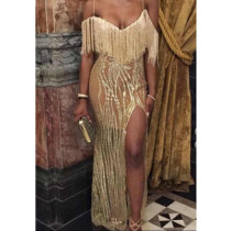 See Through Split Long Condole Belt Dress With Tassel KLY6001