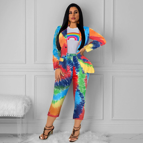 Fashion Tie Dye Ladies Outfits Long Sleeves Coat Cropped Trousers MA6227