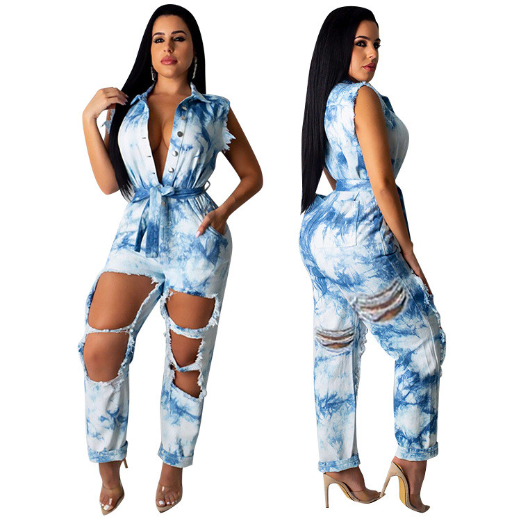 Fashion Hollow Out Sleeveless Ripped Denim Jumpsuit F8223