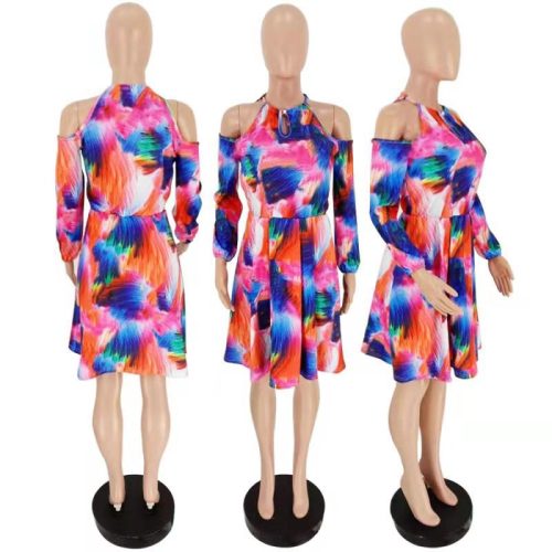 Multicolor shoulder-revealing casual printed dress FA7034
