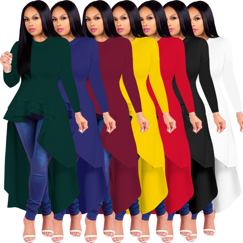 Newest Pure Color Women Irregular Long Sleeves Dress X9044