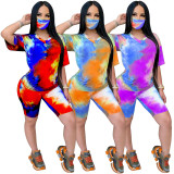 Tie-dye V-neck casual fashion home sports printing suit with mask LD201018