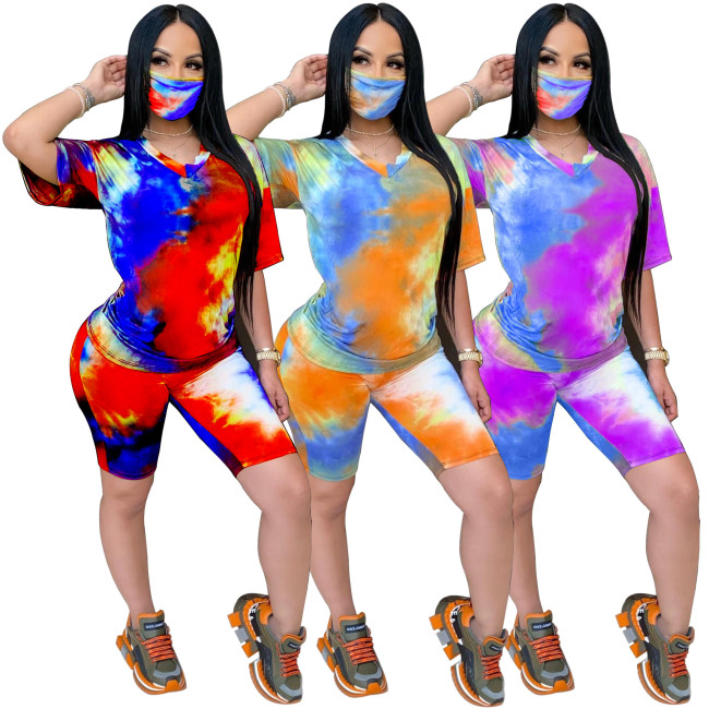 Tie-dye V-neck casual fashion home sports printing suit with mask LD201018