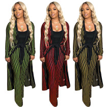 Striped Outfits Wide Leg Pants Bandage Long Coat QQM3815 Striped Outfits Wide Leg Pants Bandage Long Coat QQM3815