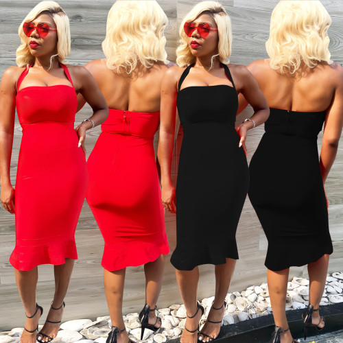 Fashion Backless Solid Color Halter Neck Midi Dresses ALS087