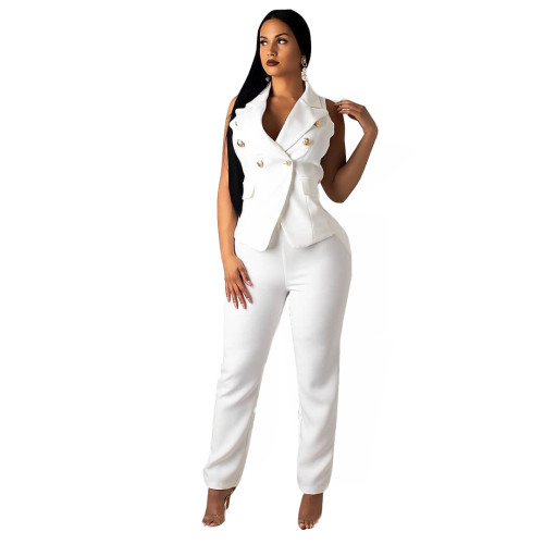 Small Jacket Straight Trousers Office Ladies White Outfits AL032