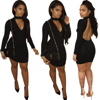 Cheap Black Women Sexy Backless Wrap Dress LS8005