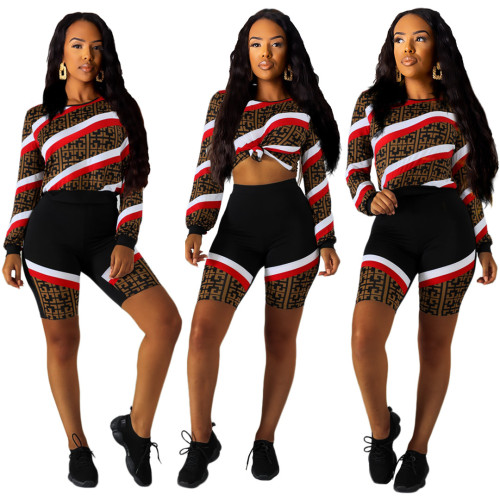 Newest Women Long Sleeves Top Bodycon Printing Shorts SY8373
